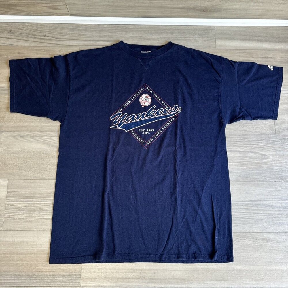 Vintage Y2K Adidas New York Yankees T Shirt Size XL‎ Navy Blue 2000 100% Cotton